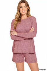 Zenana Soft Melange Long Sleeve Tee and Shorts Set OutfitFlow