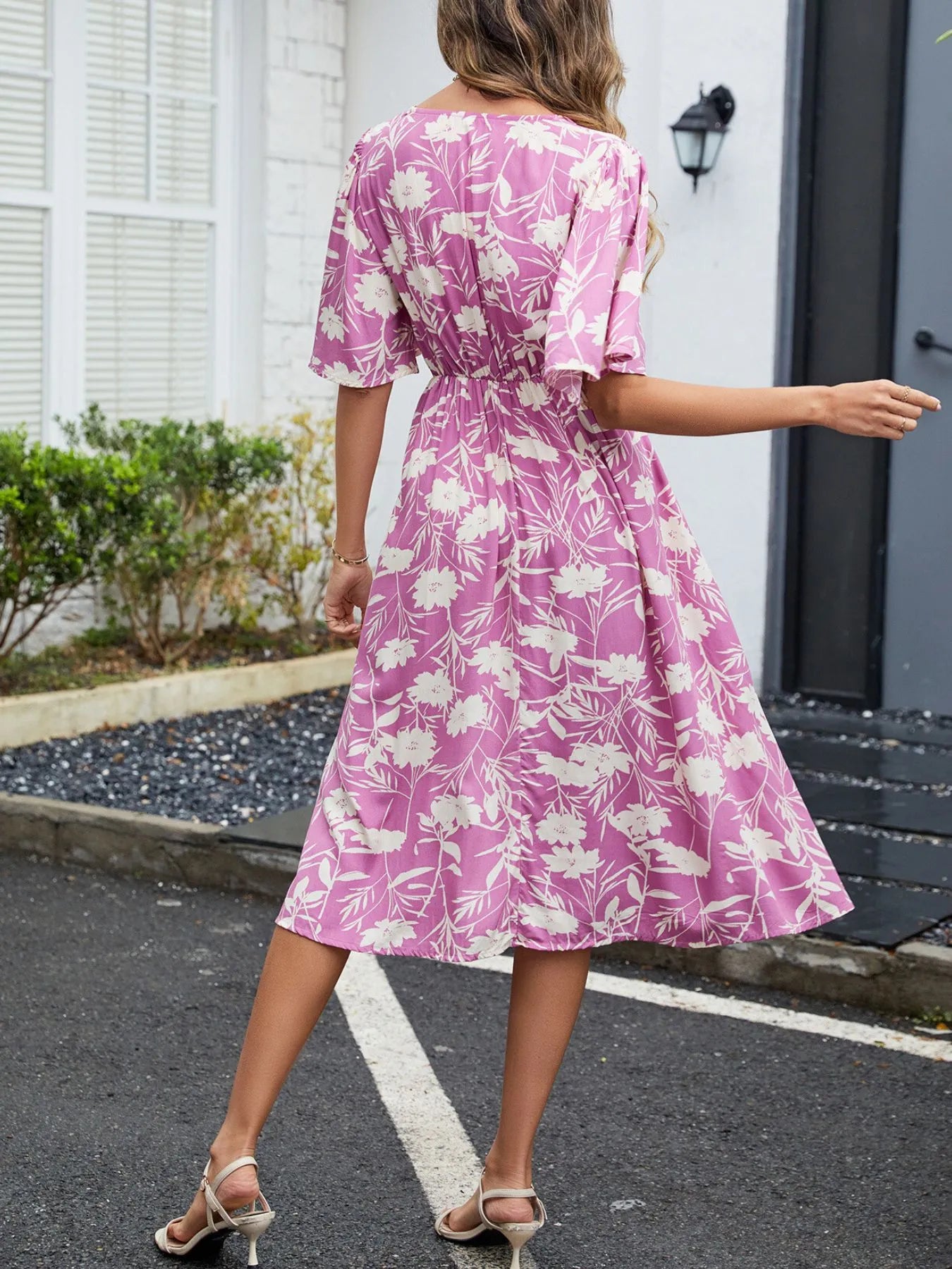 Floral Flutter Sleeve V-Neck Summer Midi Dress OutfitFlow