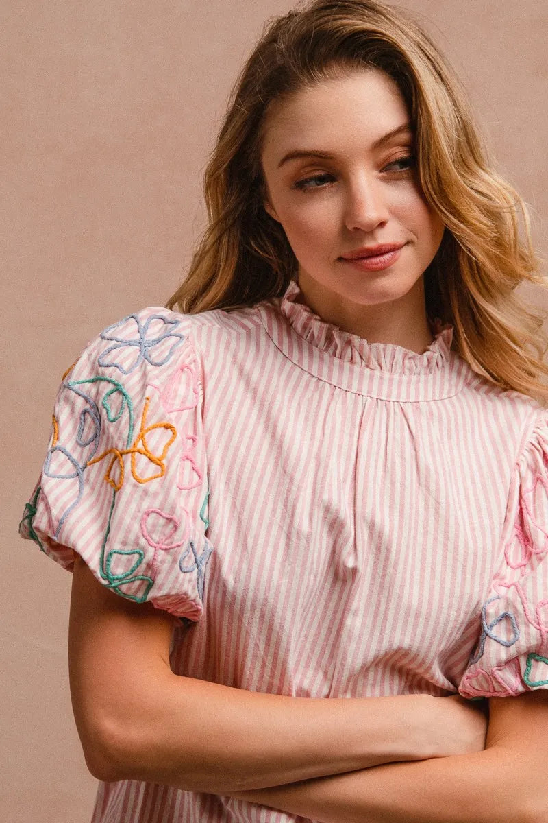 BiBi Embroidery Bubble Sleeve Top With Bottom Scallop Detail OutfitFlow