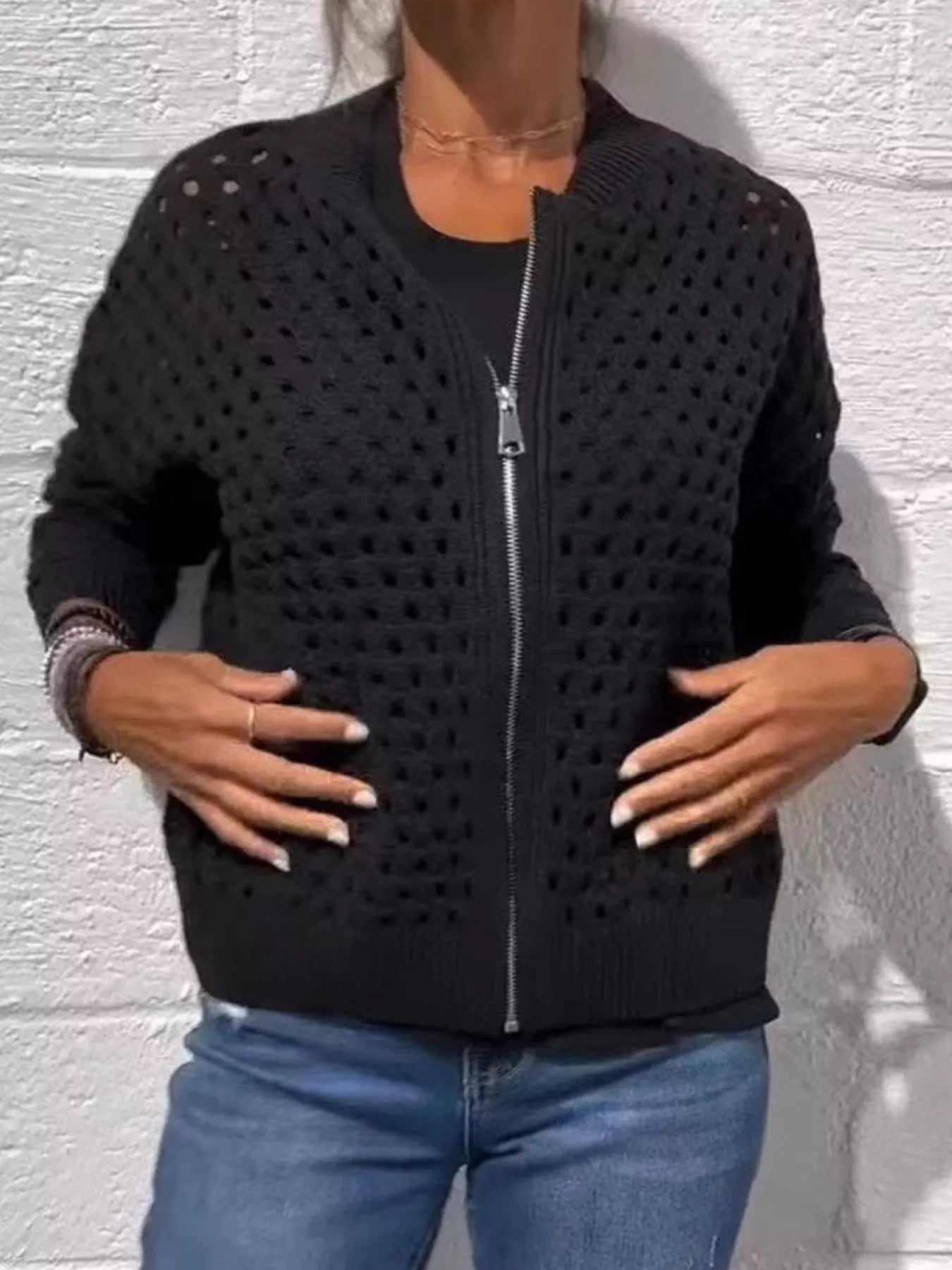 Full Size Zip Up Long Sleeve Cardigan with Eyelet Detail Plus Size OutfitFlow