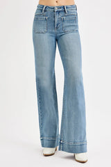 RISEN Full Size High Rise Wide Flare Patch Pocket Jeans Plus Size OutfitFlow