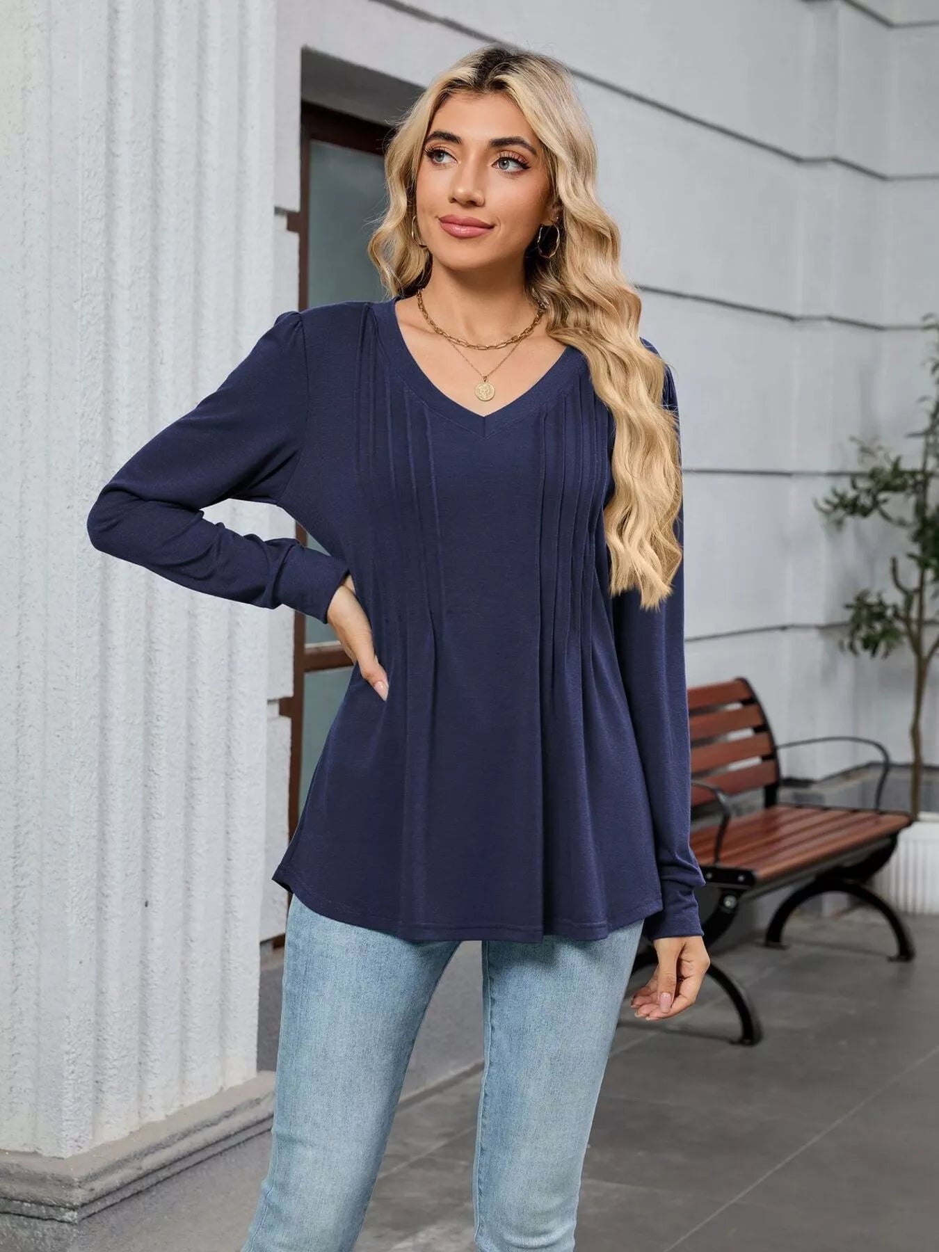 V-Neck Long Sleeve Relaxed Fit T-Shirt Navy Blue OutfitFlow