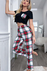 Outfit Flow - Lettuce Trim Cropped T-Shirt and Plaid Pants Lounge Set