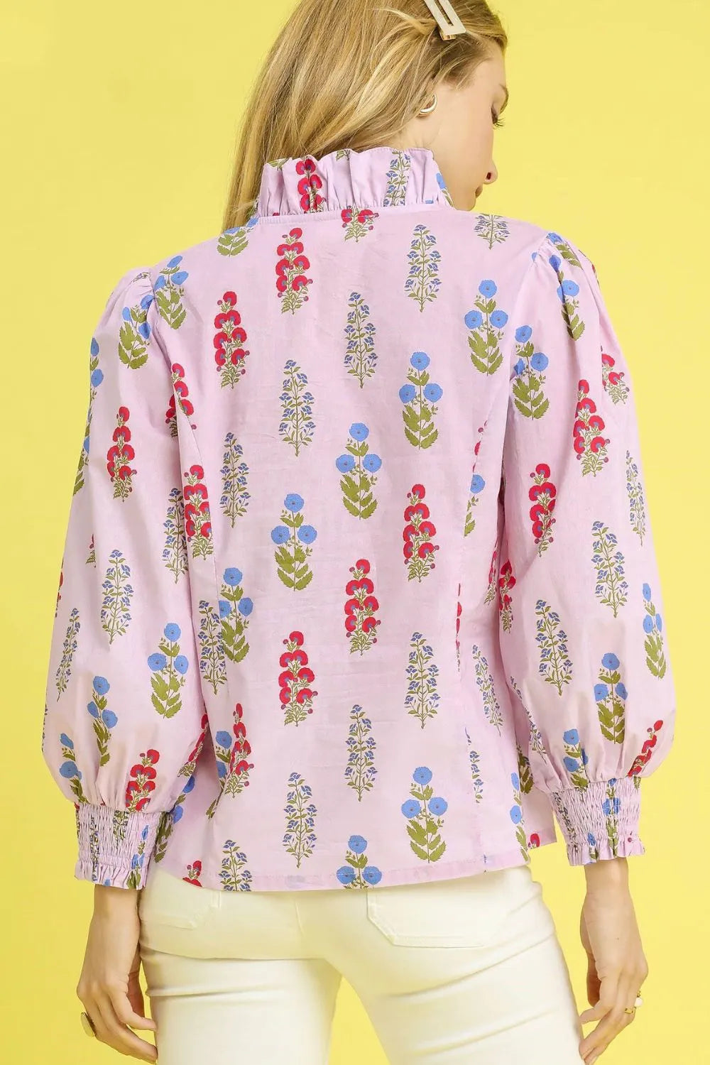 Umgee Floral Print Lantern Sleeve Button Down Shirt OutfitFlow