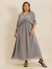 Plus Size V-Neck Flutter Sleeve Dress OutfitFlow