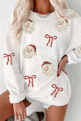 Full Size Corded Rib Sequin Santa Bow Patched Drop Shoulder Sweatshirt Plus Size White OutfitFlow