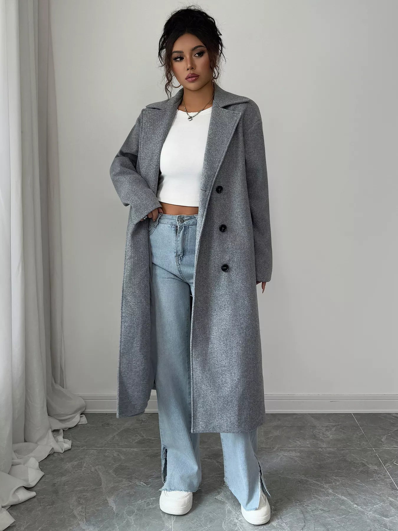 Double-Breasted Longline Coat Gray Trendsi