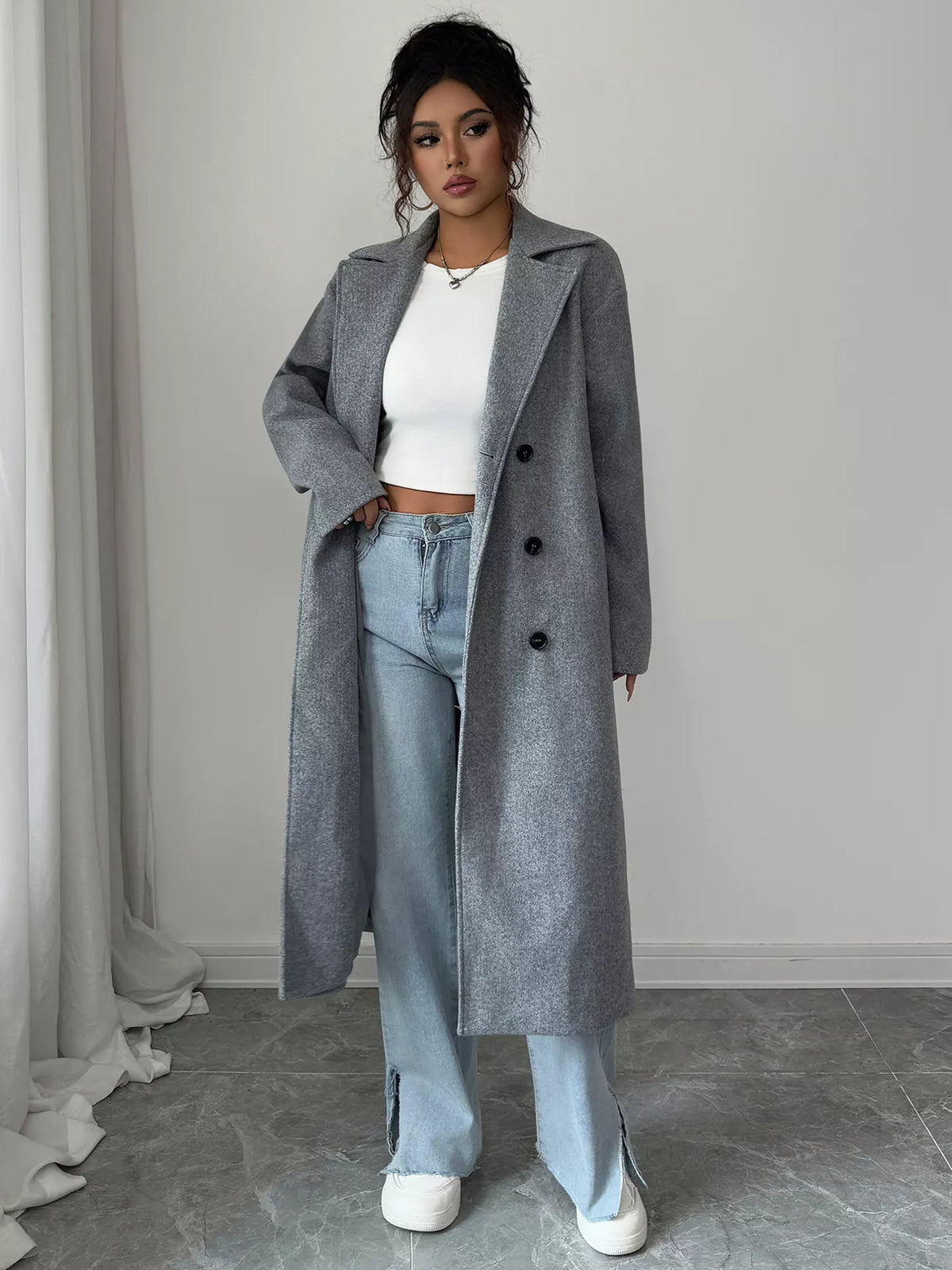 Double-Breasted Longline Coat Gray Trendsi