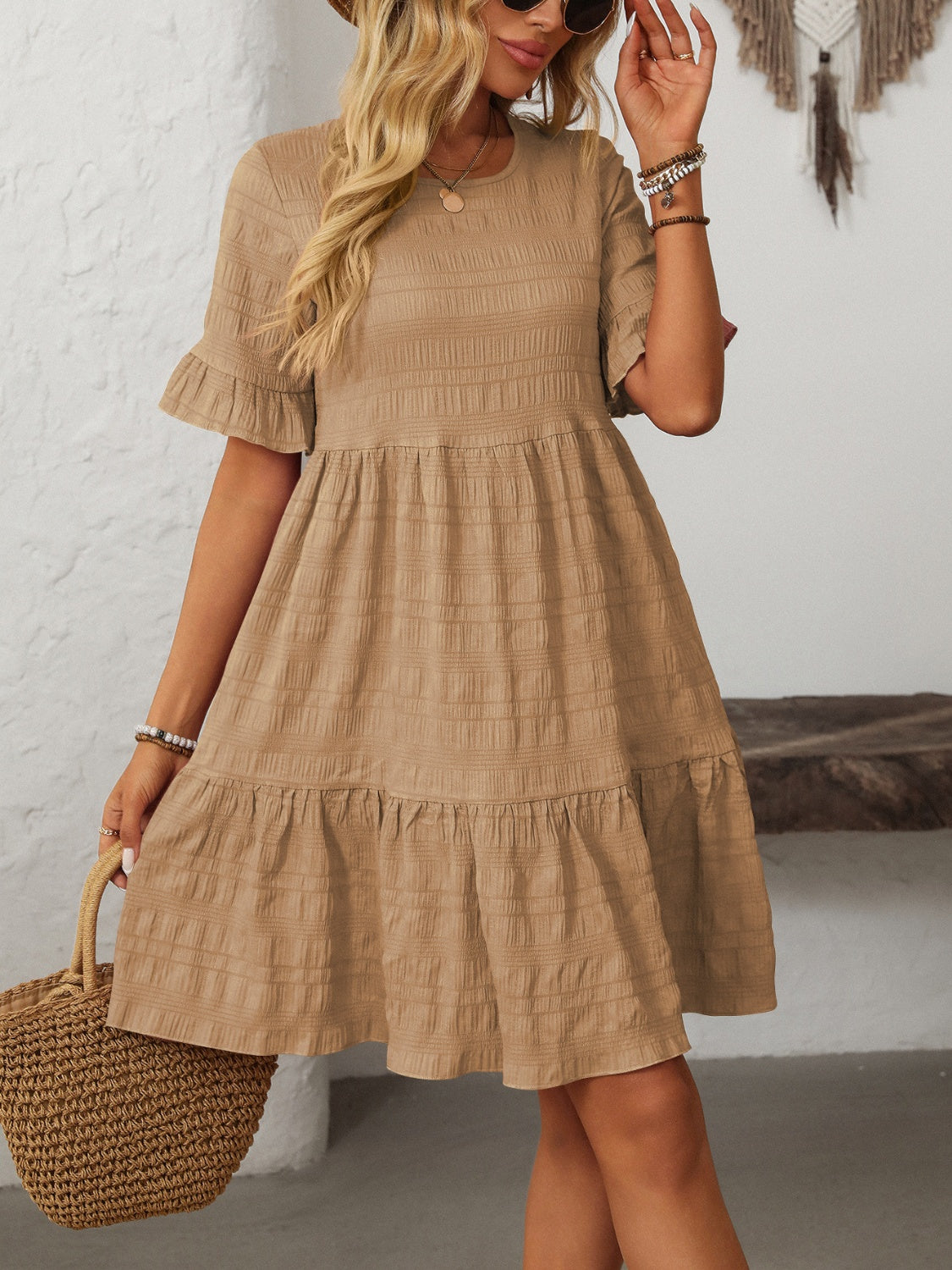 Outfit Flow - Mandy Ruffled Ruched Round Neck Half Sleeve Dress