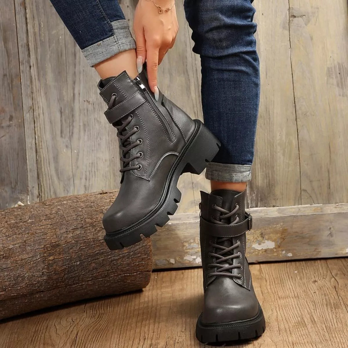 Lace-Up Buckle Accent Block Heel Boots Trendsi