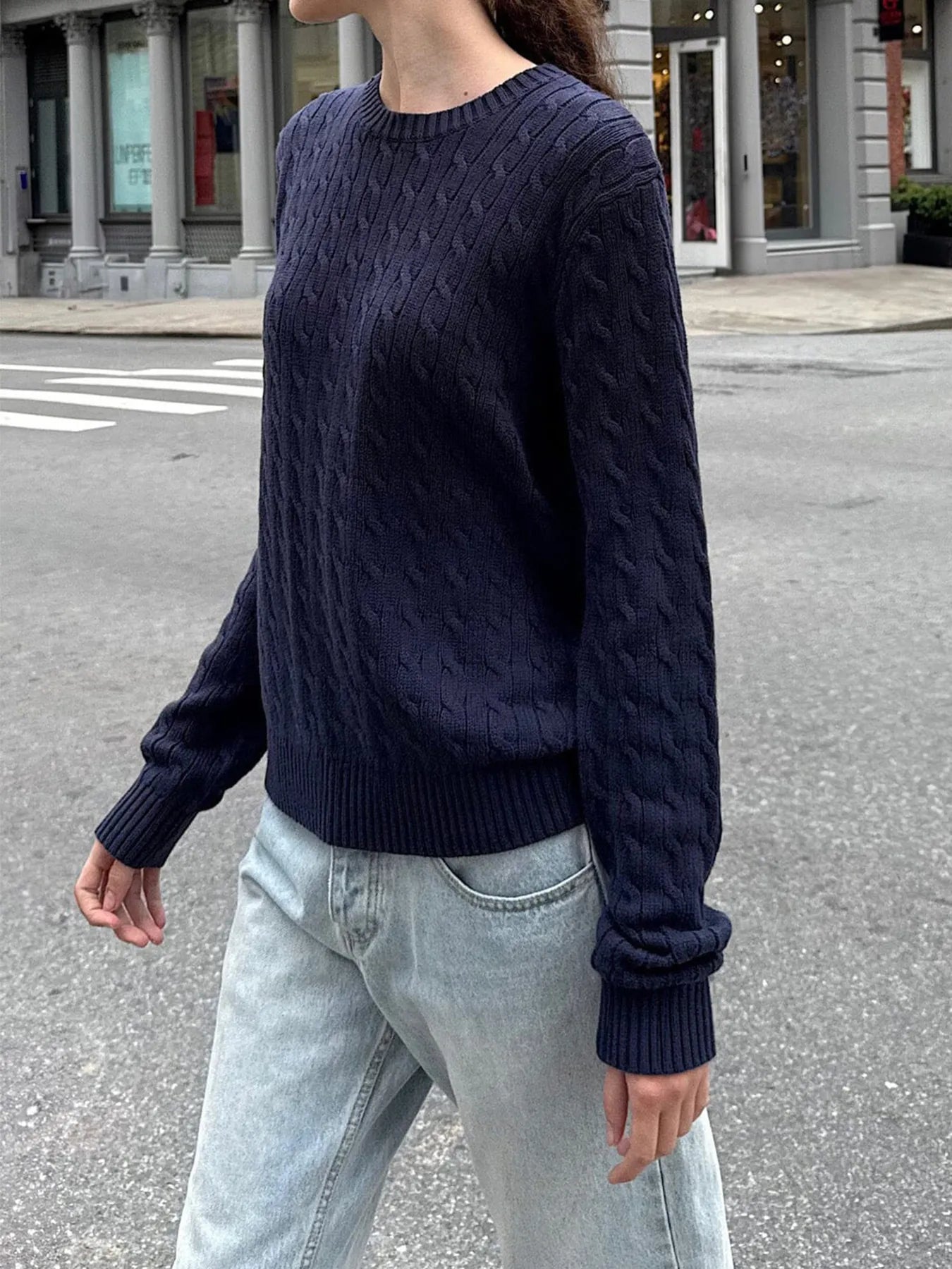 Cable-Knit Round Neck Pullover Sweater OutfitFlow