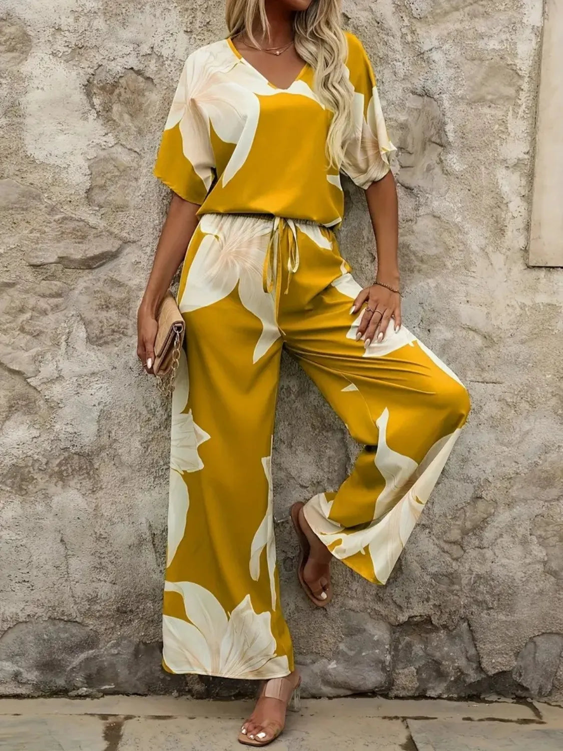 Printed V-Neck Top and Wide Leg Pants Set OutfitFlow
