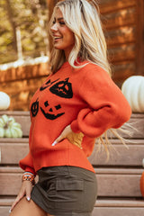 Pumpkin Pattern Round Neck Sweater OutfitFlow