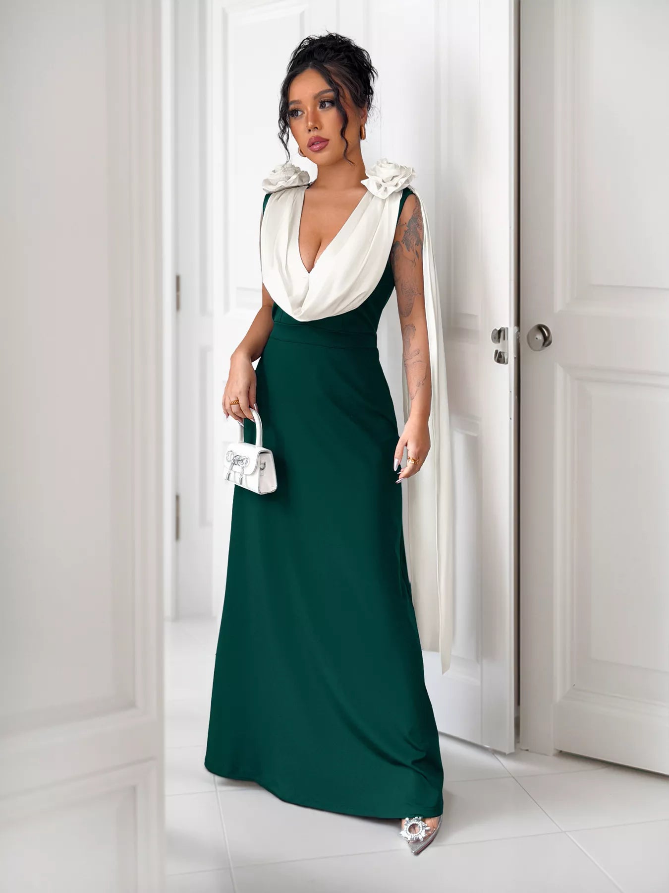 Floral Applique Two Tone Maxi Dress OutfitFlow