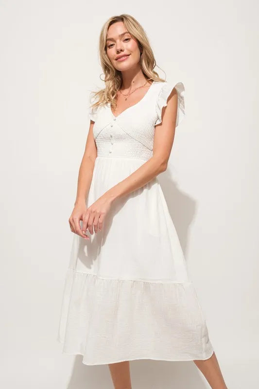 And The Why Ruffle Sleeve Front Smocked Tiered Midi Dress Off White OutfitFlow