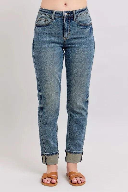 Judy Blue Full Size Mid Rise Vintage Wash Double Roll Cuff Boyfriend Jeans Plus Size MD OutfitFlow