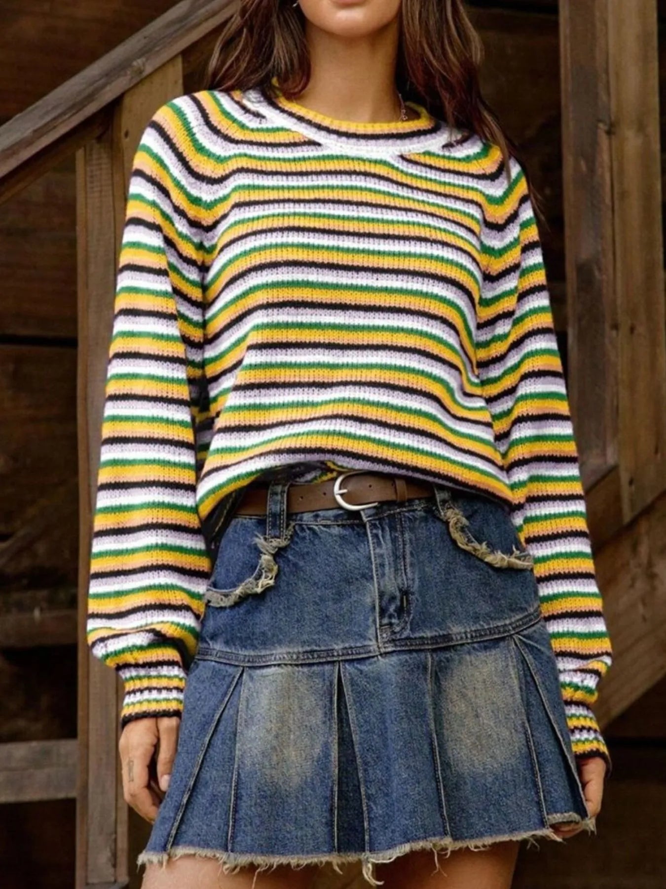 Rainbow Striped Pullover Sweater Yellow OutfitFlow