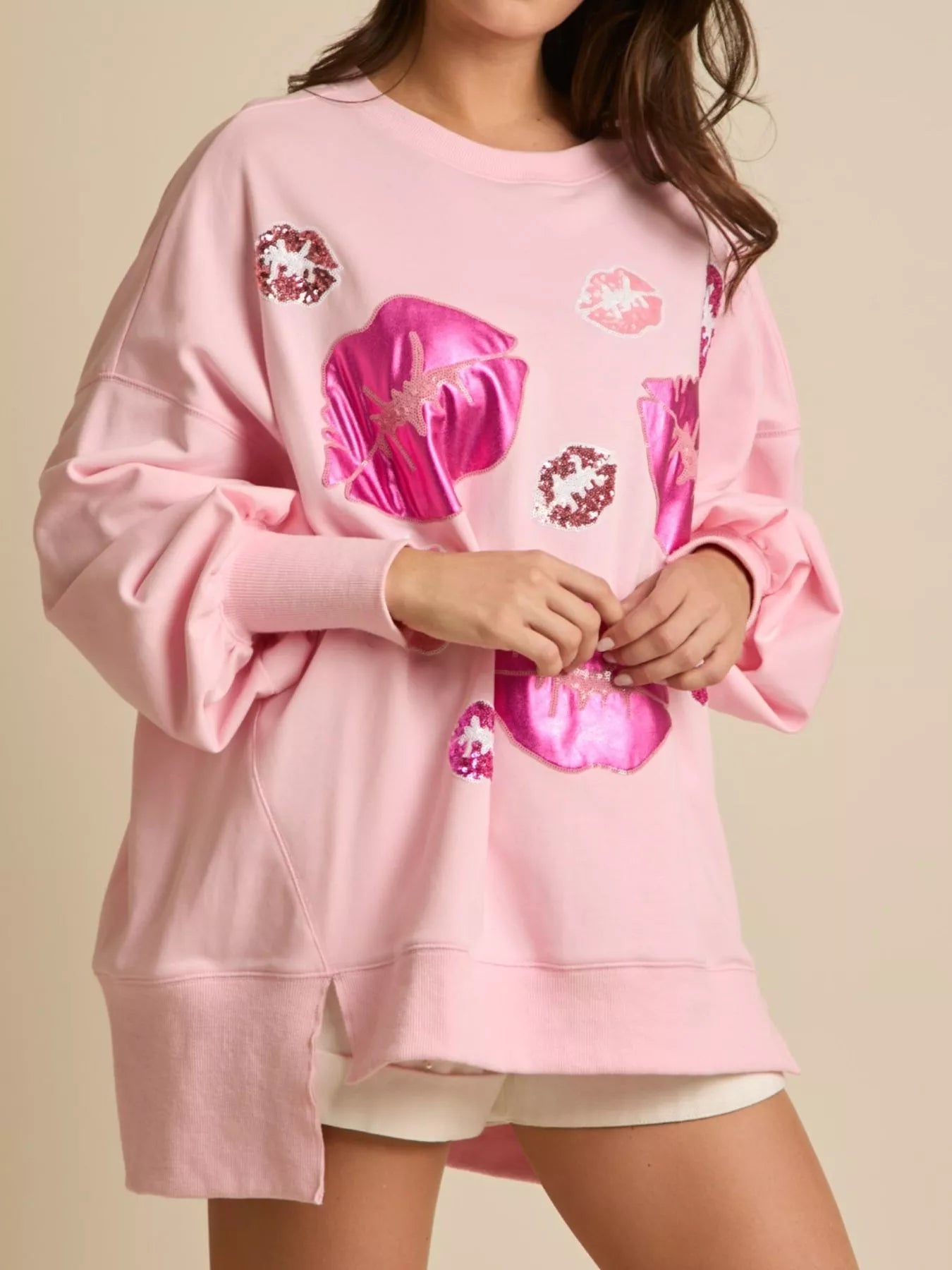 Lips Round Neck Dropped Shoulder Sweatshirt OutfitFlow