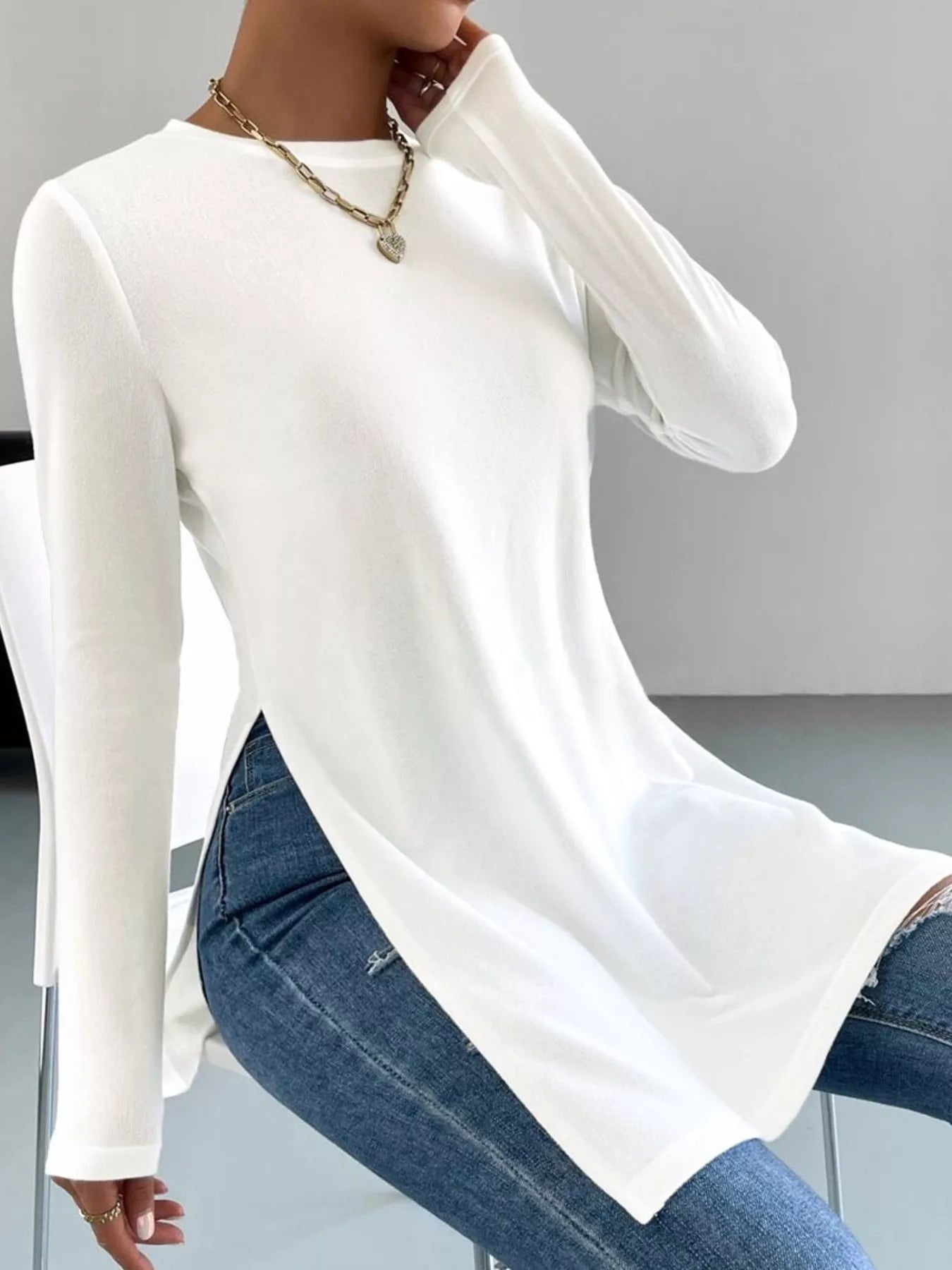 Long Sleeve Side Slit T-Shirt White Trendsi