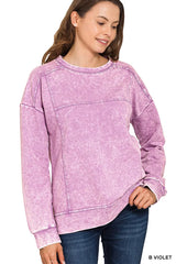 Zenana Acid Wash French Terry Exposed-Seam Pullover B VIOLET OutfitFlow