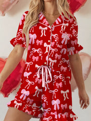 Bow Print Ruffled Short Sleeve Shirt and Shorts 2pcs Pajama Set OutfitFlow