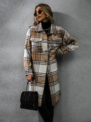 Plaid Collared Neck Long Sleeve Coat OutfitFlow