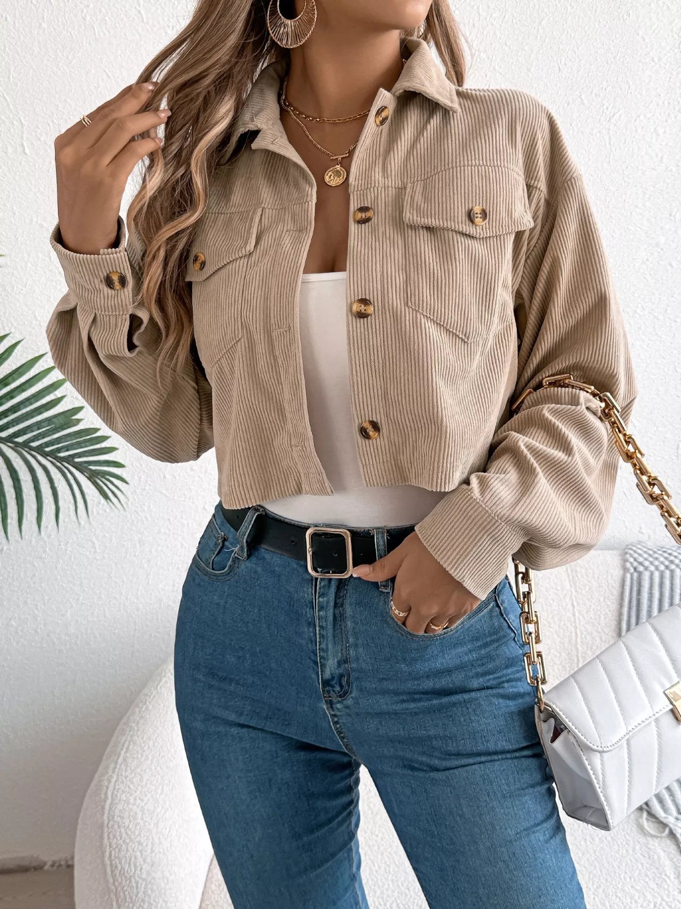 Corduroy Button-Up Dropped Shoulder Jacket Khaki Trendsi