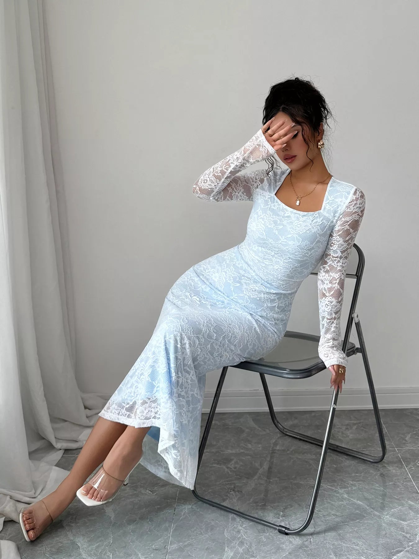 Lace Long Sleeve Square Neck Maxi Dress Trendsi