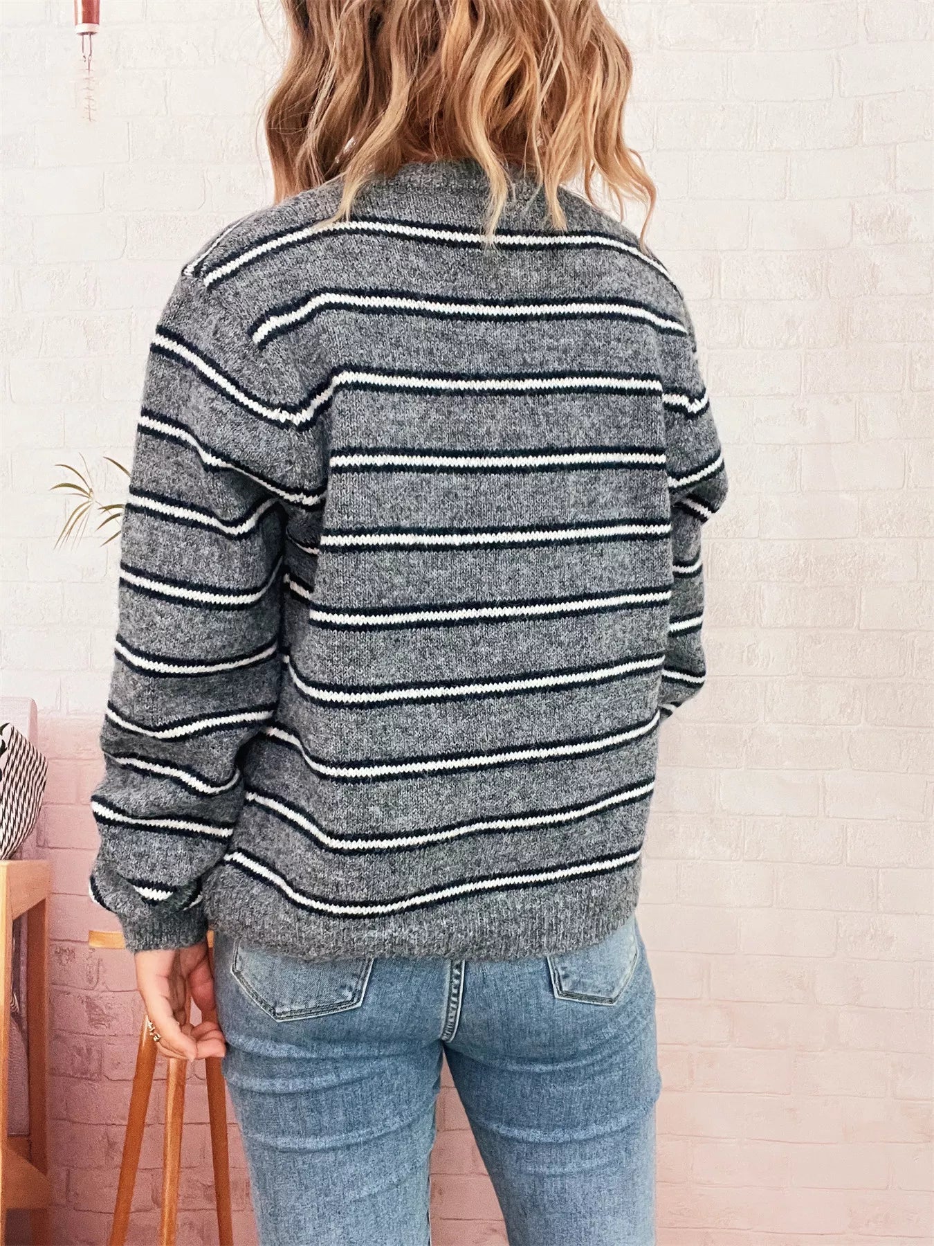 Striped Button-Up Long Sleeve Cardigan OutfitFlow