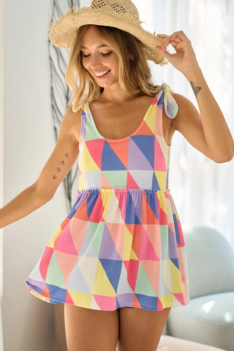 BiBi Multi Color Block Brushed Tied Ribbon Shoulder Top OutfitFlow