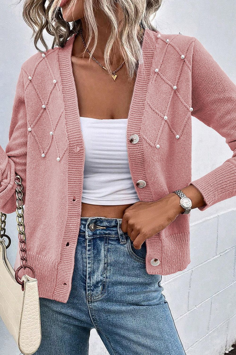 Outfit Flow - Beaded V-Neck Button Up Long Sleeve Cardigan