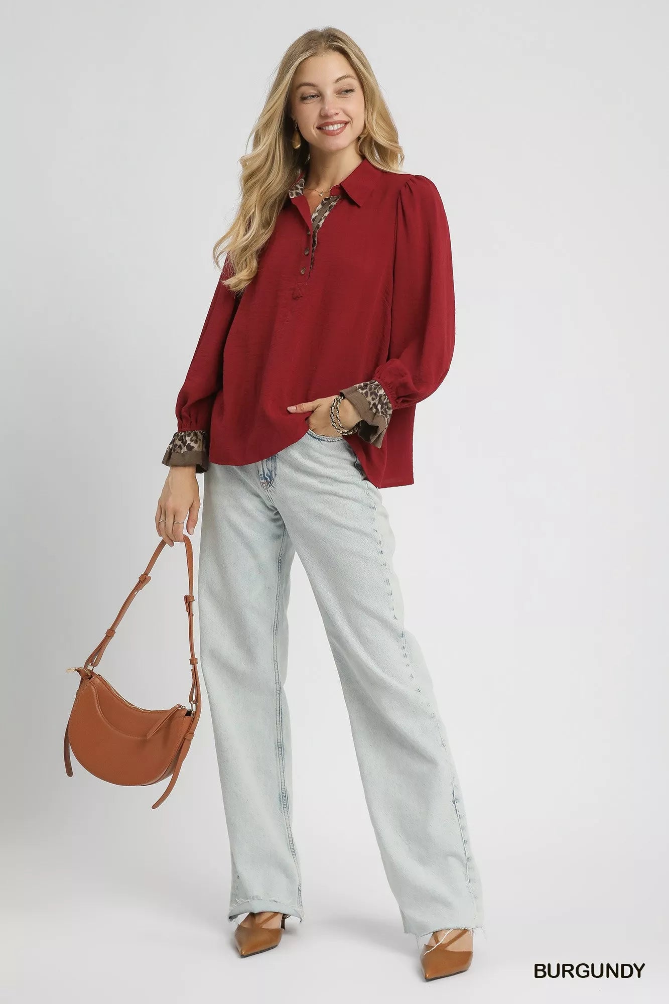 Umgee Half Button Blouse with Leopard Print Trim OutfitFlow