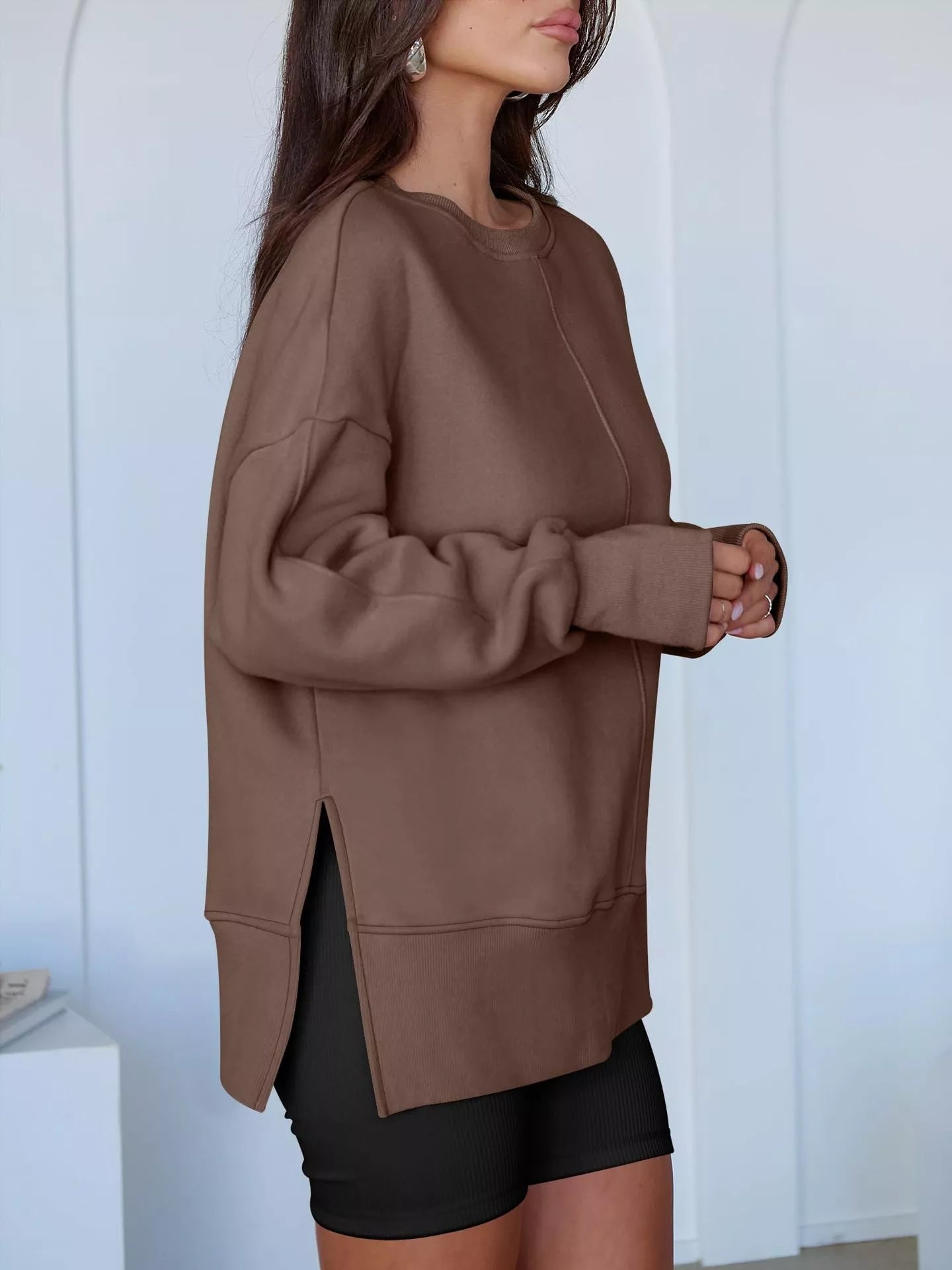 Side Slit Round Neck Long Sleeve Sweatshirt OutfitFlow