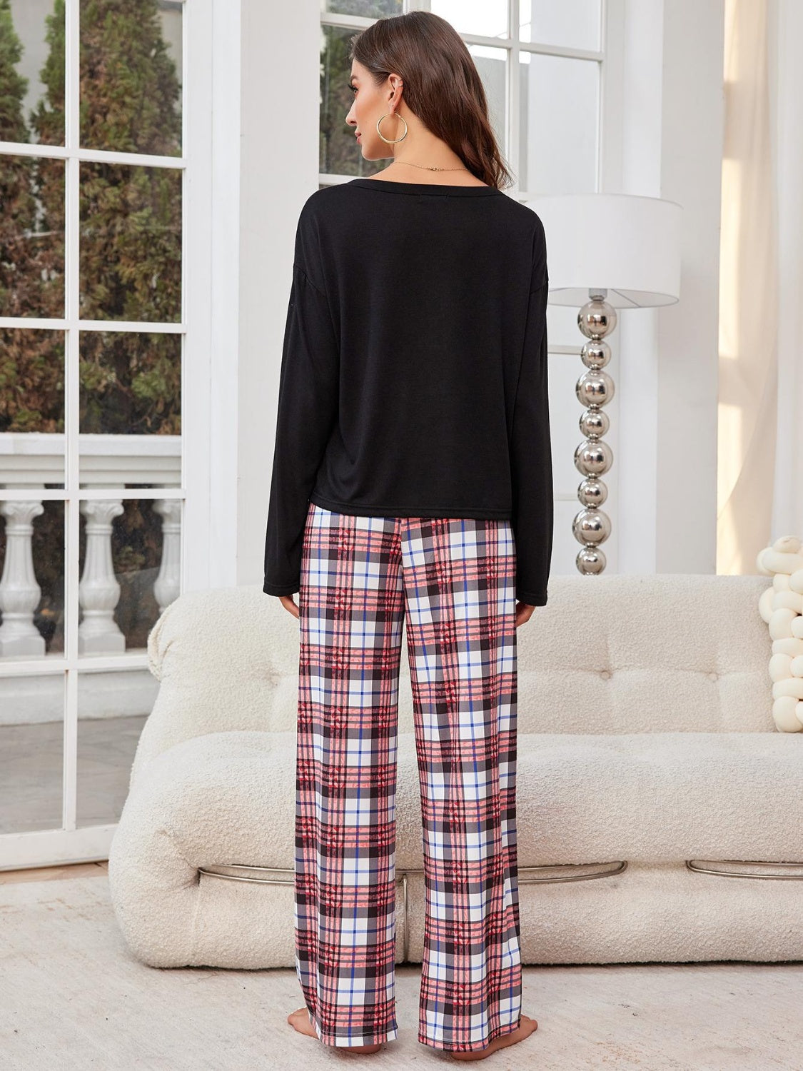 Round Neck Long Sleeve Top and Plaid Pants Lounge Set