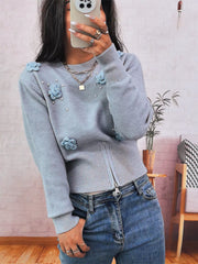 Flower Pearl Detail Ribbed Hem Sweater OutfitFlow