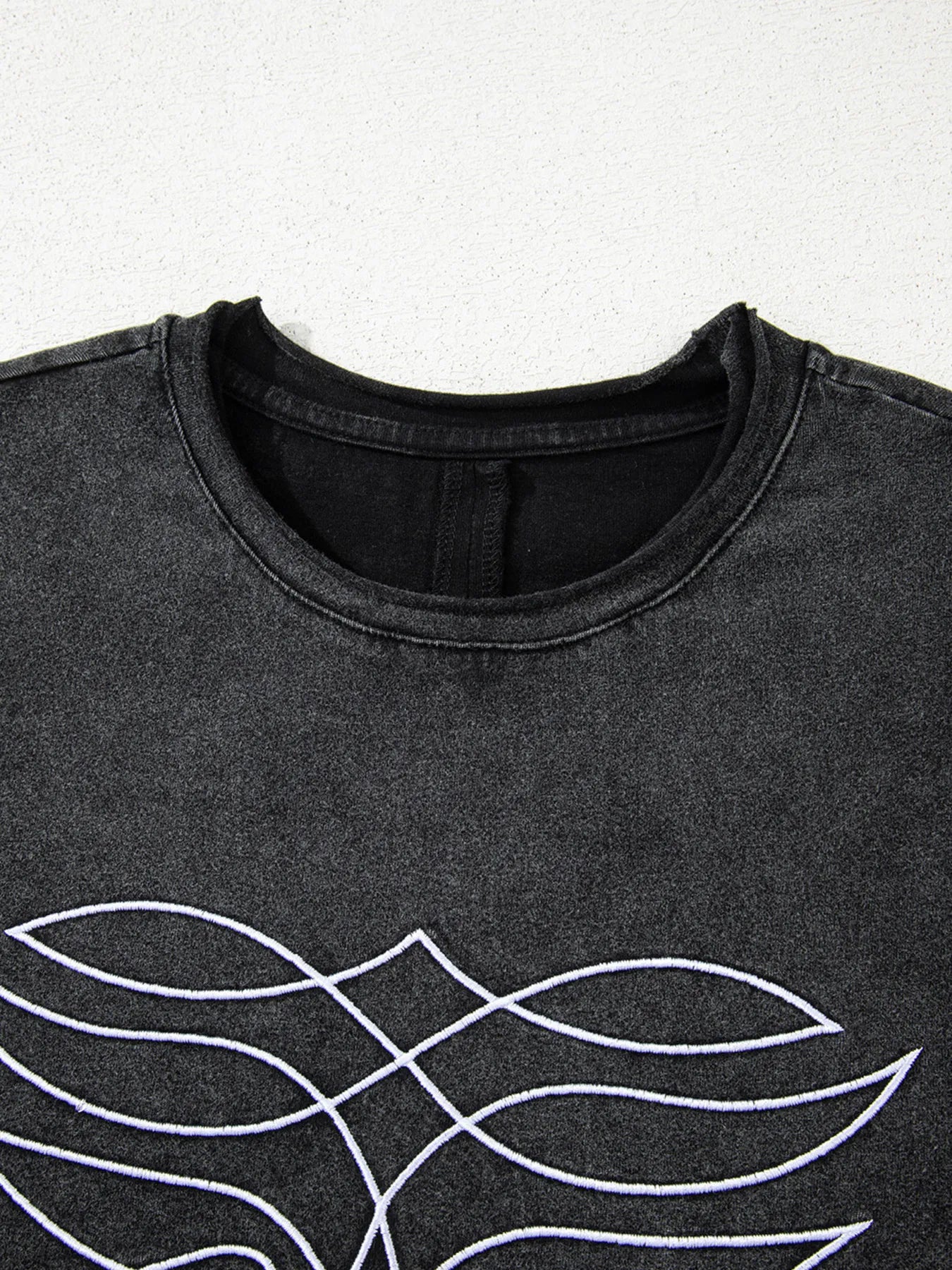 Floral Embroidered Mineral Wash Crew Neck T Shirt OutfitFlow