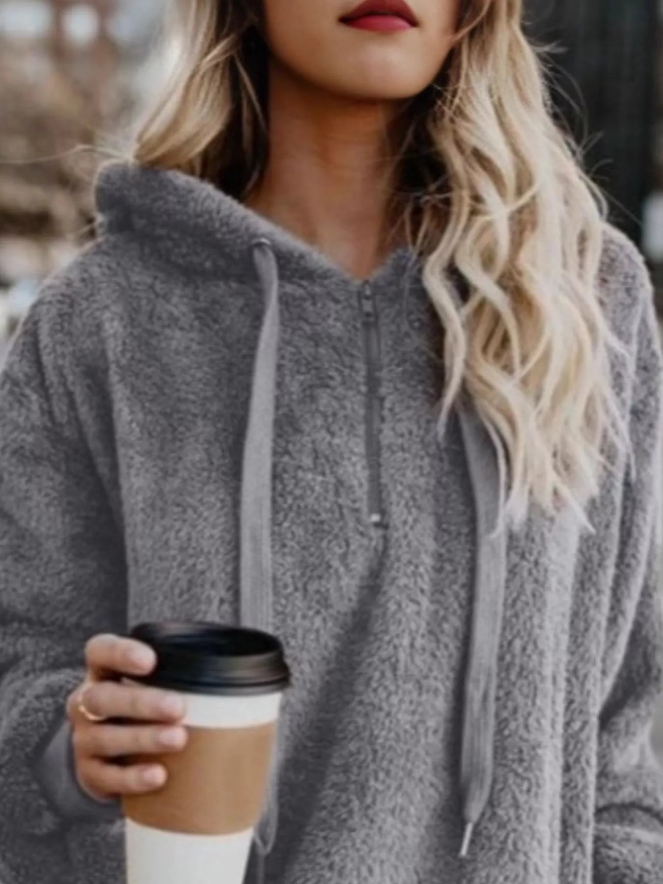 Full Size Half Zip Drawstring Fleece Hoodie Plus Size OutfitFlow