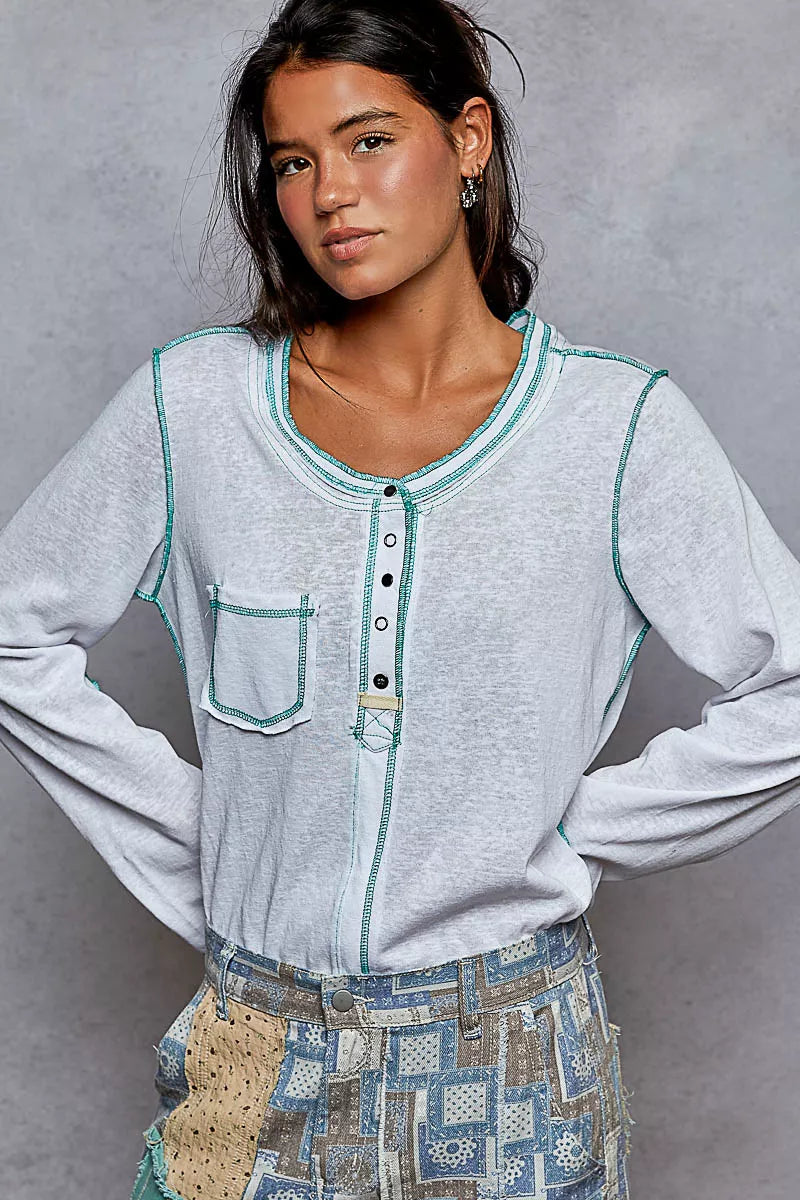 POL Round Neck Long Sleeve Top with Contrast Stitching OFF WHITE OutfitFlow