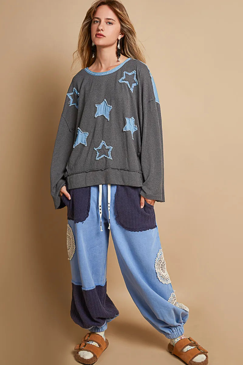POL Exposed Seam Relaxed Fit Sweater with Star Denim Patch Trendsi