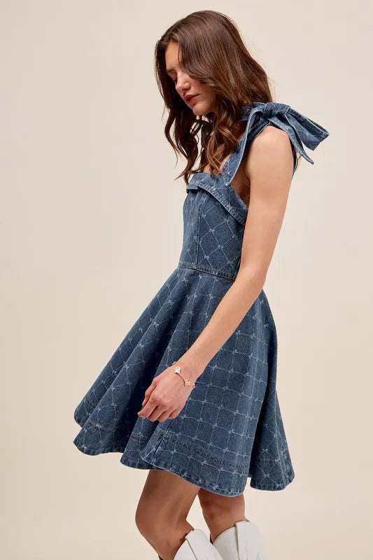 SO ME A Line Fit and Flare Diamond Bow Ribbon Denim Dres OutfitFlow