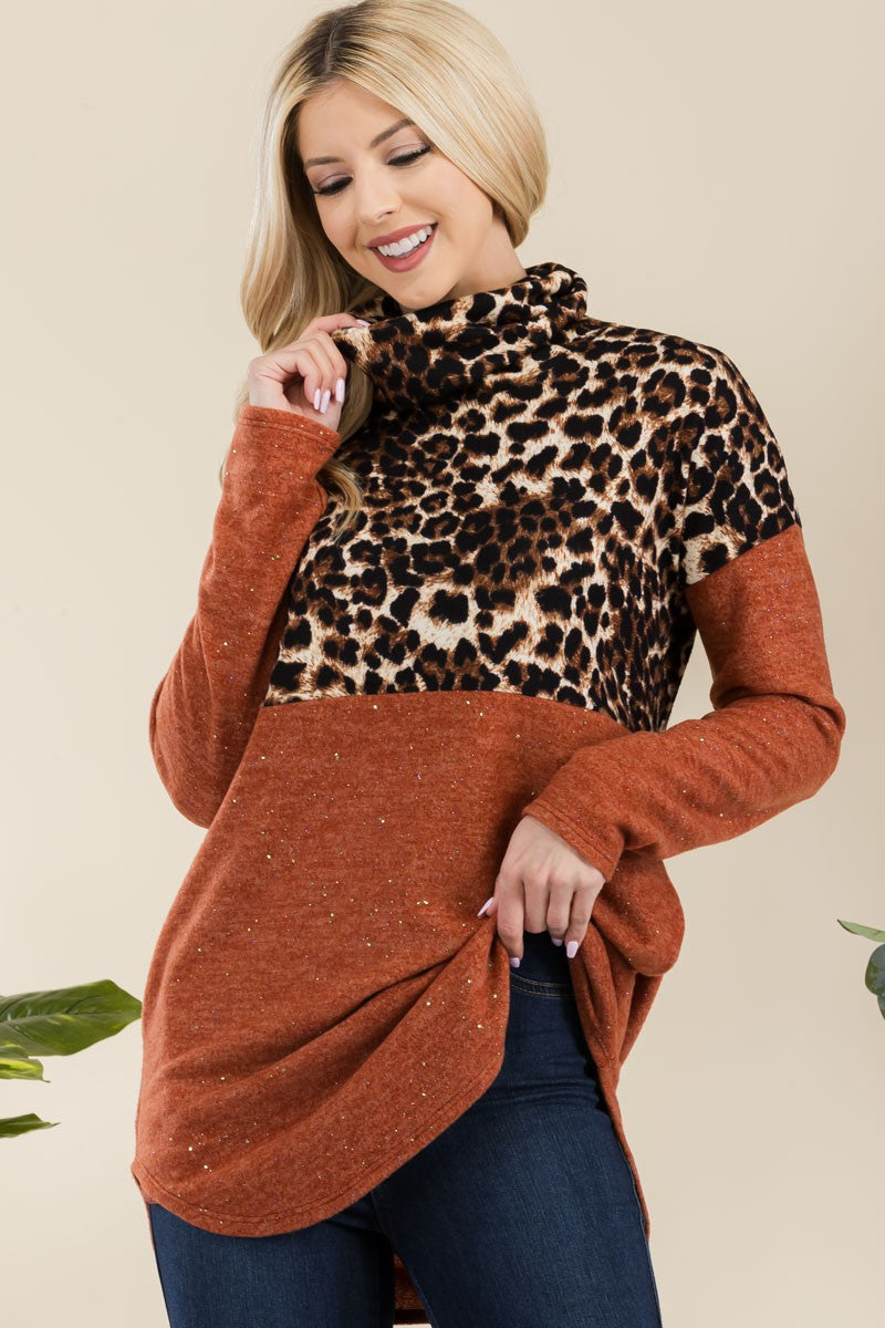 Outfit Flow - Celeste Full Size Curved Hem Leopard Turtleneck Long Sleeve Blouse