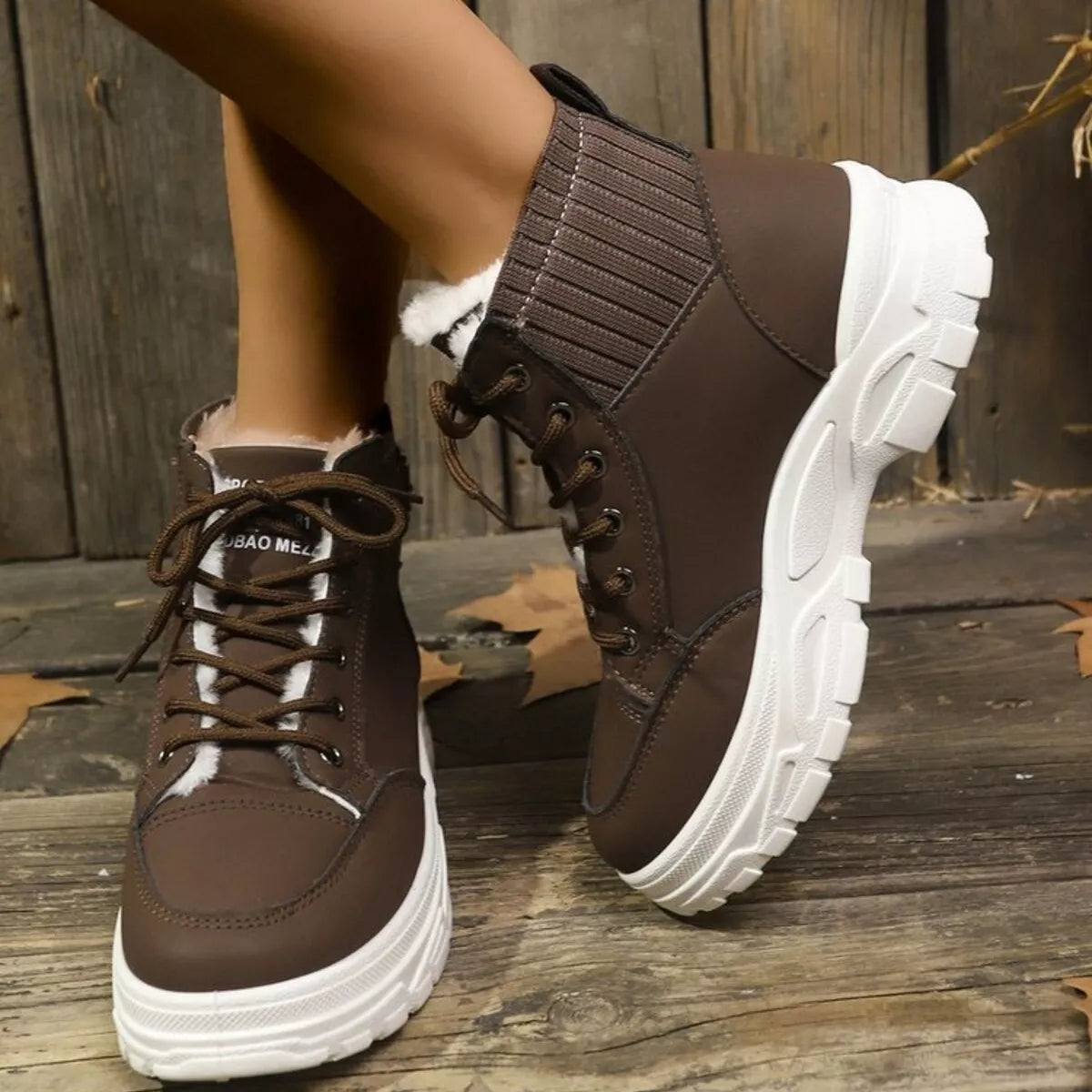 Plush Lining Lace Up Boots Chocolate Trendsi