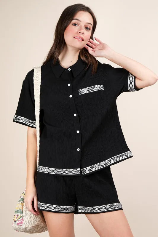 VERY J Crinkled Woven Shirt Top & Shorts Set OutfitFlow