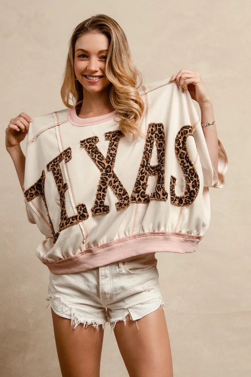BiBi Leopard Print Texas Patchwork Overlock Stitch Top OutfitFlow