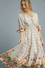 Umgee Printed Smocked Waist Flounce Sleeve Midi Dress OutfitFlow