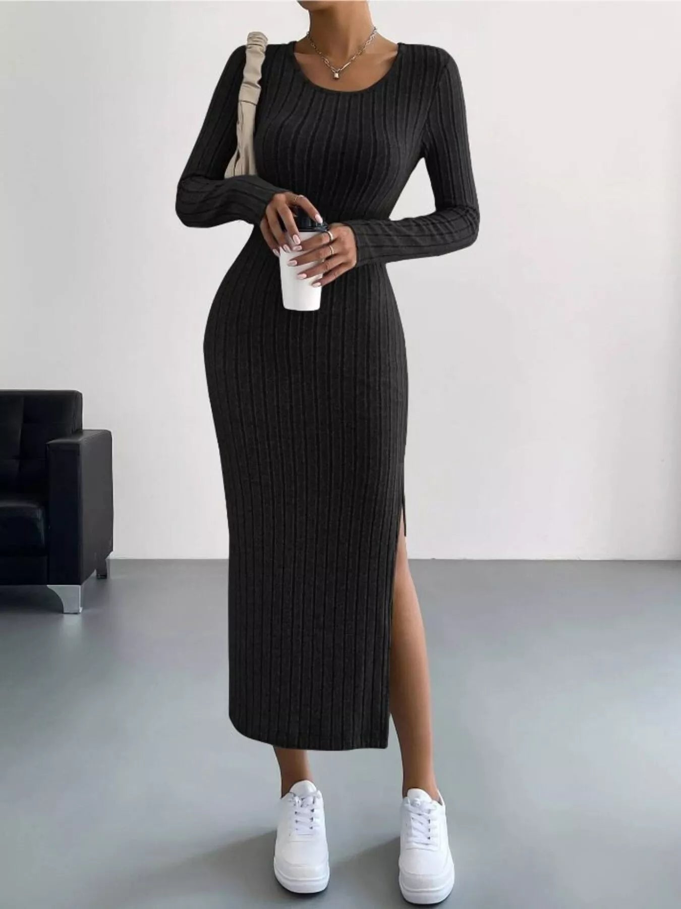 Full Size Ribbed Knit Bodycon Midi Dress Plus Size OutfitFlow