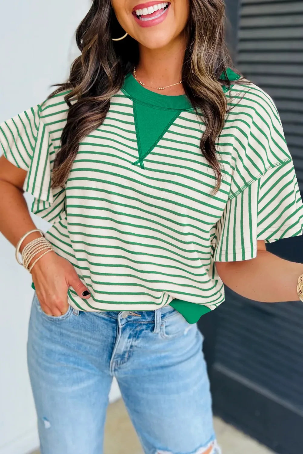 Striped Flounce Sleeve Casual Blouse OutfitFlow