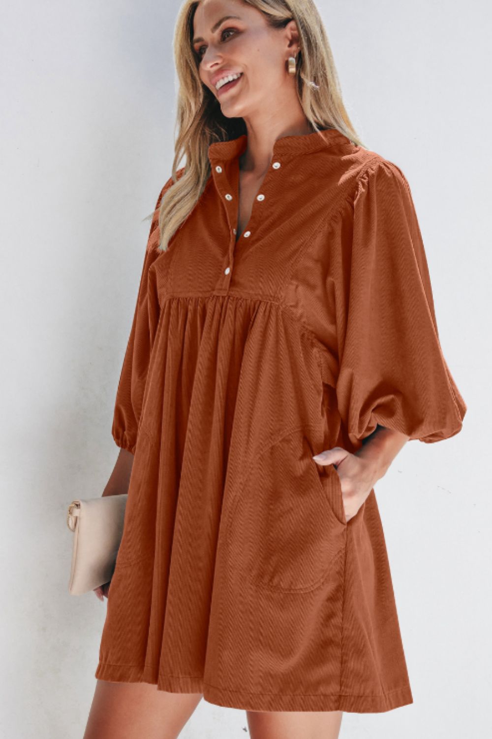 Corduroy Quarter Snap Three-Quarter Sleeve Dress OutfitFlow
