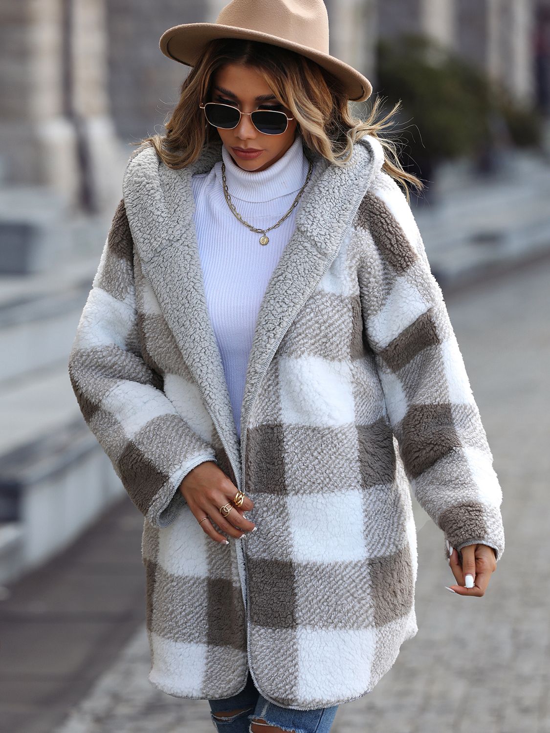 Plaid Open Front Hooded Coat OutfitFlow