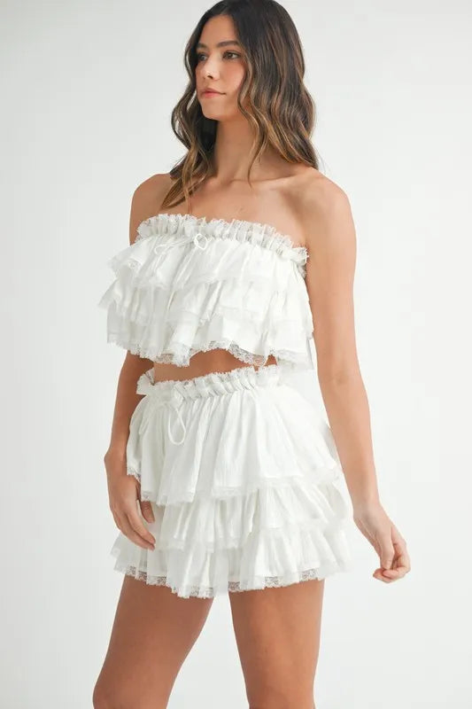 MABLE Ruffle Layered Crop Top and Mini Skirt Set OutfitFlow